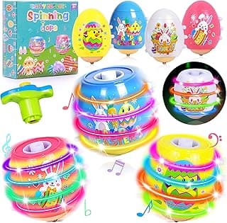 4 Pack Easter Basket Stuffers Light Up Spinning Singing Tops with Flash, Easter Gifts for Kids Toddler Boys Girls, Easter Eggs Toys, Easter Eggs Filled Goodie Bag Prize Party Favor