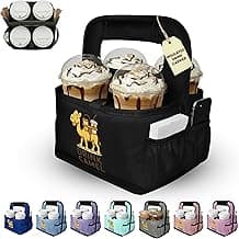 Reusable Drink Carrier with Handle – Durable No-Spill Insulated & Collapsible Beverage Bag with Pockets, Portable Caddy for On-the-Go Delivery, Travel & Car Use (4 Cup Carrier, Black)