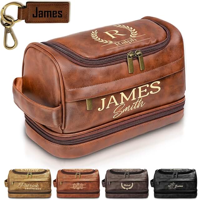 Personalized Toiletry Bag for Men, Gifts for Men Him, Leather Custom Travel Shaving Bag, Father's Day Gifts for Dad, Boyfriend Husband Son, Birthday Anniversay Groomsmen Gifts, Engraved Pattern Text