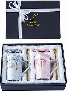 Jumway Wedding Gifts for Bride and Groom, Gifts for Bridal Shower Engagement Wedding and Married Couples Anniversary - Ceramic Marble Coffee Mugs with Real Gold Mr/Mrs Letters 14 Oz Pink