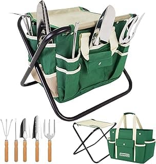 GardenHOME 7-Piece Green Gardening Tool Set – Stainless Steel Tools with Wooden Handles, Folding Stool & Canvas Tote, Durable Garden Kit for Every Gardener