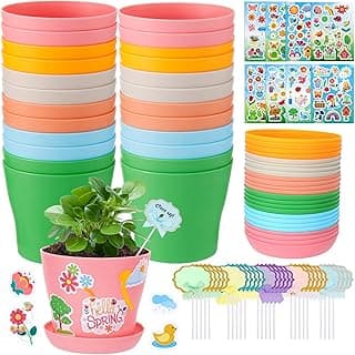 Durable Resin Garden Pot Craft Kit for Kids- 24 Pack Colorful Flower Plant Spring Crafts with Super-adhesive Stickers & Blank Labels School Activities Growing Kit for Classroom Home DIY Gift 4+ years