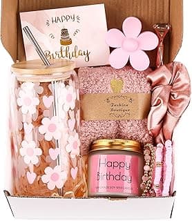 DHQH Birthday Gifts for Teen, Cute Inspirational Gift Daisy Presents Set Ideas for Sister Daughter Friends, Happy Birthday Gift Basket with Ice Glass Cup for Her (Pink)