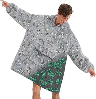 Glow in The Dark Game Controller Wearable Blanket Hoodie for Adult,Oversized Sherpa Fleece Blanket Hoodie for Women Men,Gamer