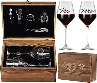 Wedding/Anniversary/Engagement/Bridal Shower and Bachelorette Gifts for Couples,Bride & Newlywed, Engraved Mr and Mrs Wine Glasses with Wooden Memory Box