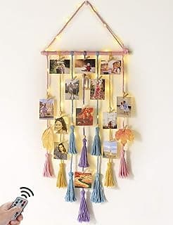Homecor Room Decor for Teen Girls, Hanging Photo Display Macrame Picture Collage Wall Decor, Boho Decor for Bedroom Apartment Dorm Room with Remote Light, Christmas Birthday Gifts for Teenage Girls