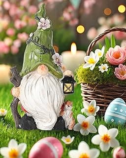 Hand-Painted Resin Garden Gnome with Squirrel Figurine - 6.5" Tall Summer and Spring Decorations for Home, Yard, and Garden - Unique Gnome Gifts for All Ages (Green)