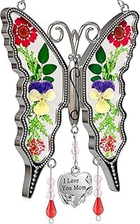 KY&BOSAM Gifts for Mom Butterfly Suncatcher I Love You Mom Stained Glass Sun Catcher Hanging for Window Wind Chime Pressed Dried Flowers Engraved and Metal Charm Mothers Day Valentine's Birthday Decor