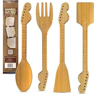 Guitar Bamboo Cooking Utensils Set (4-Piece) | Wooden Spoons and Spatulas | Fun Music Themed Kitchen Gadgets & Accessories | Unique Gift for Musicians, Guitar Players