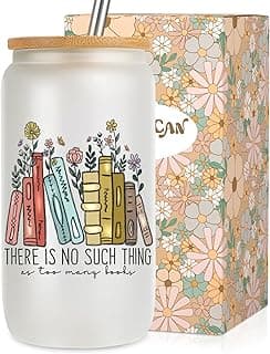 LEADO 16 oz Cute Glass Cups with Lids and Straws - Book Lovers Gifts - Bookish Present, Birthday, Mothers Day Gifts for Book Lovers Women, Readers, Bookworm, Girl - Coffee Tumbler, Reading Accessories