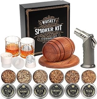 Whiskey Smoker Kit with Torch - 6 Flavors Wood Chips, 2 Glasses, 2 Ice Ball Molds - Cocktail Smoker Infuser Kit, Old Fashioned Drink Smoker Kit, Birthday Bourbon Whiskey Gifts for Men,Dad(NO Butane)