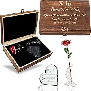 Valentines Day for Wife Engraved Wooden Gift Set 'To My Beautiful Wife' Includes Crystal Engraved Heart 24K Gold Dipped Rose for Birthday Gifts