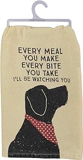 Funny Kitchen Towel from Primitives by Kathy, Gifts for Dog Lovers, Bandana Dog Every Meal You Make I’ll Be Watching You, Machine Washable, 28 by 28 Inches, Rustic Pet Kitchen Décor, Tan Cotton