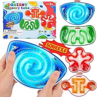 Squishy Sensory Toys for Kids - 4 Pack Fidget Toy Sensory Maze for Autism - Stress Relief Toys for Calm Down - Squeeze Fidget Toy Filled Goo, Glitter, Prizes for Kids Classroom, Easter Basket for Kid