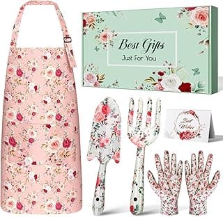 Gardening Gifts for Women, Gardening Tools for Mom Grandma Wife, Garden Tools with Hand Fork Trowel Gloves Apron, Gardening Supplies Kit Birthday Present Pink
