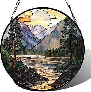 Stained Glass Window Hanging, Sunset Mountains Lake Tree Sun Catcher for Window Home Decor Landscape Suncatcher Mother's Day Birthday Gifts for Women Men Mom and Nana 6.3 in