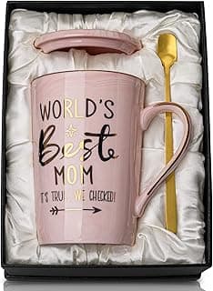 Mothers Day Birthday Gifts for Mom from Daughter Son - 14Oz Funny Best Mom Mug with Gold Print, Unique Pink Marble Coffee Cup with Lid Spoon Greeting Card, Happy Moms Gifts Idea, Luxury Gift Boxed Set