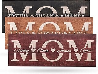 Gift for Mom from Daughter, Son - Mom Sign Personalized w/Kids Names Mothers Day 2026-4 Wooden Colors, 5 Fonts, 2 Sizes