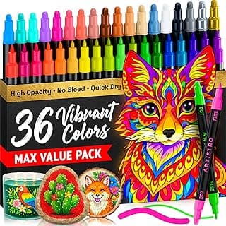 ARTISTRO 36 Acrylic Paint Markers for Rock, Fabric, Wood, Glass, Eggs - Dual-Tip Paint Pens for Coloring Books for Adults, Teens, Kids - Art & Craft Supplies