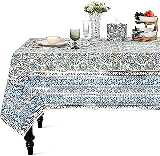 Ridhi Asparagus Green Hand Block Print Cotton Rectangle Tablecloth 140" x 72" inches Reusable Table Cover Decorative Everyday Use for Dining Room, Farmhouse, Home Gift for Spring, Mother's Day