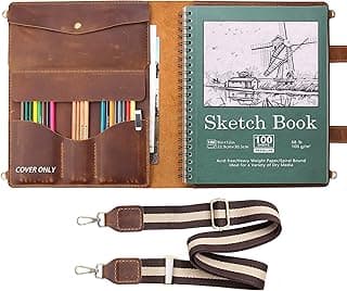 Robrasim Handmade Leather Sketchbook Cover, Artist Sketch Pad Holder for 9"X12" Sketchbook, Drawing Book and Pencil Case, Journal Notebook Portfolio with Shoulder Strap, Artist Gifts, Brown