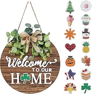 Interchangeable Seasonal Welcome Sign Front Door Decoration, Rustic Round Wood Wreaths Wall Hanging Outdoor, Farmhouse, Porch, for Spring Summer Fall All Seasons Holiday Halloween Christmas.