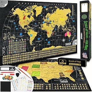 OVANTO Scratch Off World Map + USA Map – 17x24” Wall Travel Posters with 196 Flags, Gold Foil, Pins & Accessories – Premium Gift Box for Travelers, Couples, Home or Office Decor