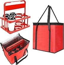 Reusable 6 Cup Drink Carrier with Handle and Insulated Bag for Hot and Cold Drink/Food, Foldable Plastic Cup Holder and Large Capacity Insulated Food Bag for Travel and Delivery